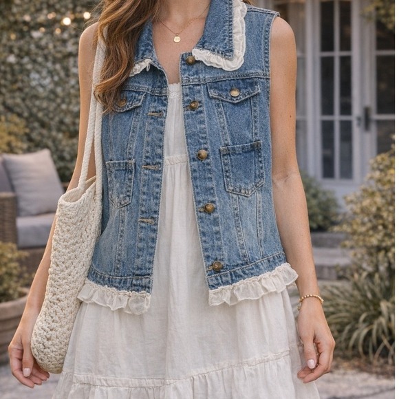 Paisley Vine Jackets & Blazers - Paisley Vine Denim Vest Lace Trim Coquette Button Front Boho Womens M Western